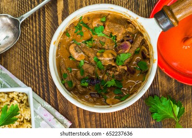 Beef and mushroom Stroganoff with rice - top view