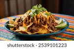 Beef Nachos: Loaded beef and cheese nachos, garnished with fresh cilantro and lime wedges