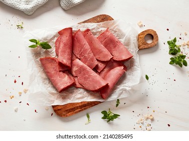 Beef Pastrami Slices On Cutting Board