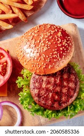 Beef Patty With A Burger Bun, Hamburger Ingredients, A Close-up Shot From The Top, Delicious Fast Food