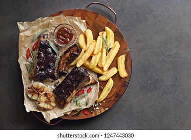 Beef Ribs. Spicy Barbecue Sticky Short Ribs. Overhead View, Copy Space