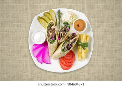 Beef Shawarma On Plate - Top View - Burlap Background