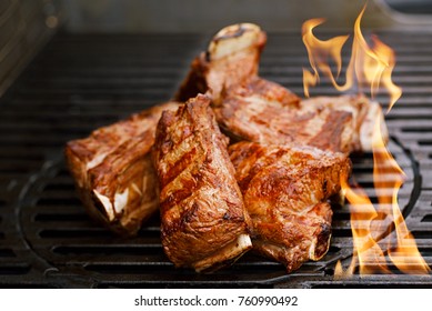 Beef Short Ribs On Bbq Flame Grill