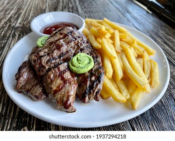 Beef Steak With Fries And Ketchup