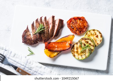 Beef Steak And Grilled Vegetables. Top View.