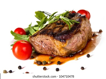 Beef Steak Medium Grilled, Isolated On White Background