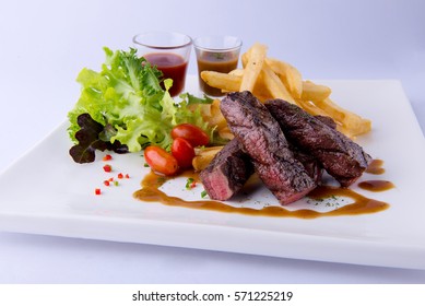 Beef Steak On White Dish , White Background