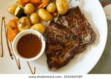 beef steak, roasted beef, plate with meat