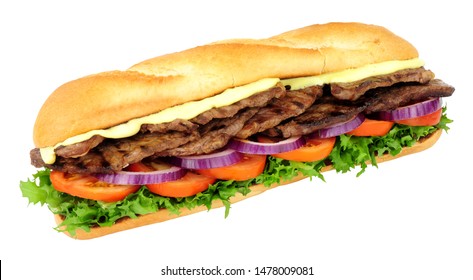 Beef Steak And Salad Filled Crusty Baguette Sandwich Isolated On A White Background