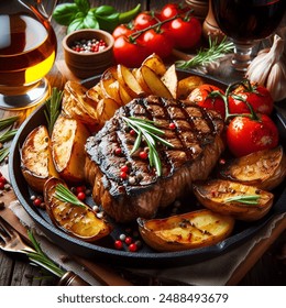 Beef steak served in plate on dark background. Grilled steak,  grilled tomatoes, grilled potatoes and fresh rosemary - Powered by Shutterstock