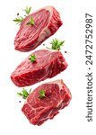 Beef steaks, Beef steaks flying on white background. beef flying isolated on white background, clipping path, selective focus copy