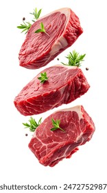 Beef steaks, Beef steaks flying on white background. beef flying isolated on white background, clipping path, selective focus copy