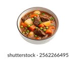 Beef Stew in Bowl on White Background - Tender Chunks of Beef, Potatoes, Carrots, and Green Peas