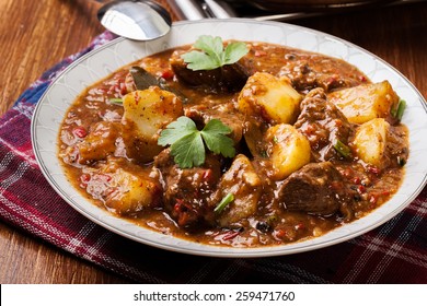 Beef stew with potatoes in a plate