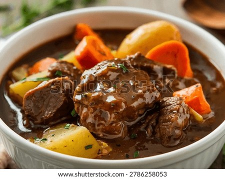 Beef Stew : Slow-cooked tender beef chunks simmered with hearty potatoes and carrots in rich dark gravy, a deeply warming classic comfort dish loved across European and American home kitchens.