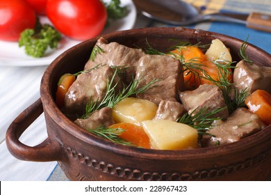 Beef Stew With Vegetables In A Pot Close Up. Horizontal. 