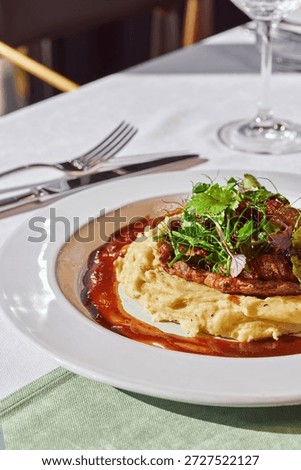 Beef stroganoff with mashed potatoes and herbs in sauce in a plate on the table