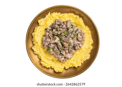 Beef Stroganoff over mashed potatoes with creamy sauce in a plate isolated on white background. top view.