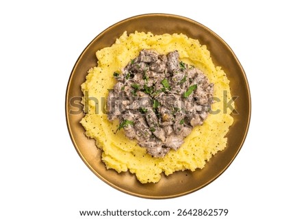 Beef Stroganoff over mashed potatoes with creamy sauce in a plate isolated on white background. top view.