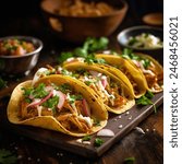 Beef taco, mexican food.Moody Elegance, Rustic Charm, Soft and dreamy lighting,
Warm and muted colors, Warm Earthy Tones.Mexican tacos with beef, tomatoes and cheese.