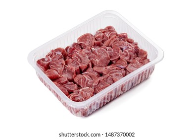 Beef In A Tray On A White Background, Meat Production, Meat Factory, Farm, Object On A White Background Pork Sliced Industrial Pork