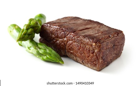 Beef Wagyu Steak Meat And Asparagus Isolated On White Background, Selective Focus