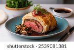 Beef Wellington: A luxurious dish of beef tenderloin wrapped in prosciutto and puff pastry, baked until golden brown.