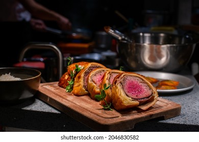 Beef Wellington platter at high cuisine restaurant's kitchen