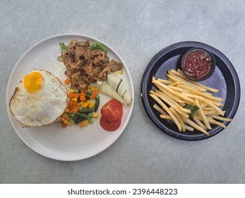 Beef Yakiniku And French Fries. Food Menu. Top View - Shutterstock ID 2396448223