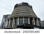 The Beehive (Executive Wing) New Zealand Parliament building with Bowen House in background.