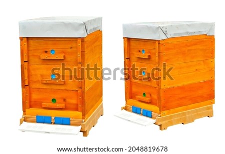 Beehive isolated on a white background. Beehive for apiary close up. Beehive from different angles for design layout.