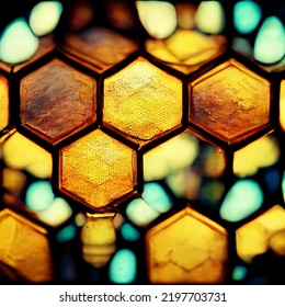 Beehive Pattern, Realistic Background Wallpaper. Glass Beehive, Translucent Glass, Colorful, Cinematic Light. Hexagon Pattern With Vibrant Colors.