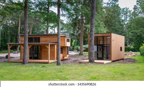 Beekbergen, Netherlands, June 21 2019: Wooden tiny house under construction. A new form of living philosophy to reduce ecological footprint
