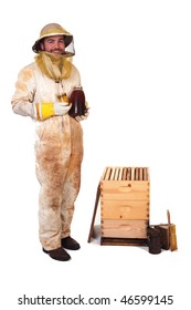 a beekeeper holding dark and light honey isolated