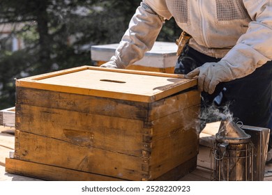 Beekeeper wearing protective clothing is opening a wooden beehive, using a smoker to calm the bees. Selective focus - Powered by Shutterstock