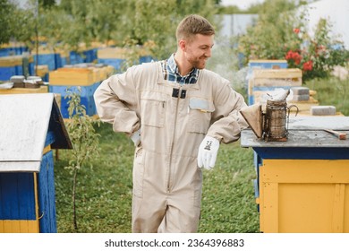 Beekeeping, beekeeper at work, bees in flight
