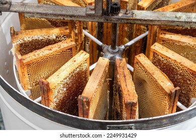 Beekeeping - At the honey house - Frames filled with honey stored in an extractor - Powered by Shutterstock