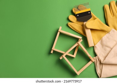 Beekeeping Tools On Green Background, Flat Lay. Space For Text