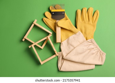 Beekeeping Tools On Green Background, Flat Lay