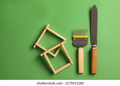 Beekeeping Tools On Green Background, Flat Lay