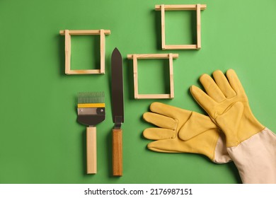 Beekeeping Tools On Green Background, Flat Lay