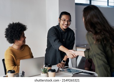 Its been a pleasure doing business with you. Cropped shot of a group of young businesspeople greeting each other with a handshake before sitting down in the office.