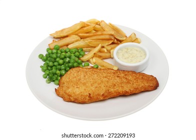 Beer Battered Cod, Chips And Peas With Tartar Sauce On A Plate Isolated Against White