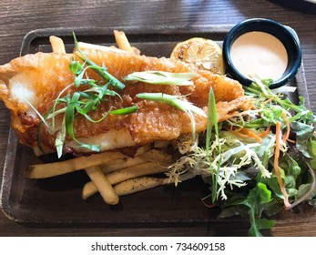 Beer Battered Fish And Chips With Salad