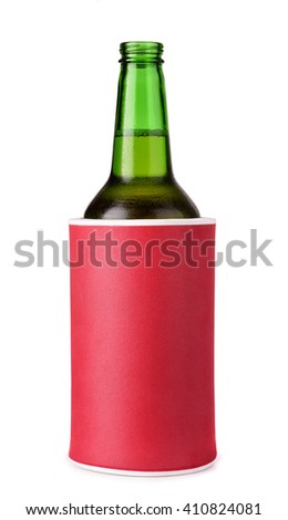Beer bottle in insulation foam holder isolated on white