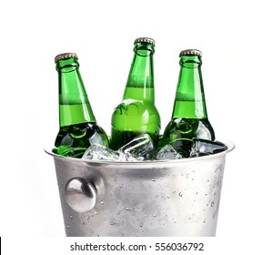 Beer Bottles In Ice Bucket, Isolated On White