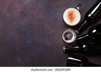 Beer Bottles, Lager Beer Glass And Mug. Top View Flat Lay With Copy Space