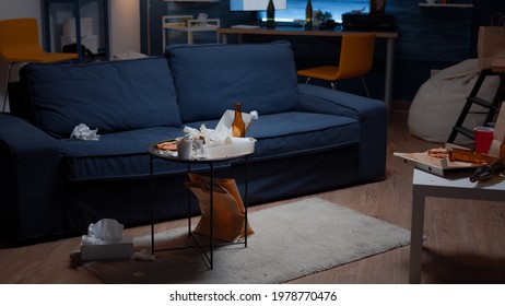 Beer Bottles And Pizza On Table In Messy Living Room With Nobody In, Leftover Thrown On Floor. Unorganized House Apartment Of Alone Woman With Sever Depresion Having Trash, Rubbish