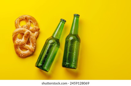 Beer bottles and pretzels on yellow background. Flat lay with copy space - Powered by Shutterstock