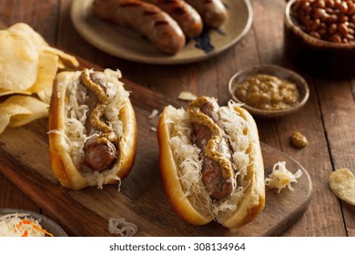 Beer Bratwurst With Sauerkraut And Spicy Mustard